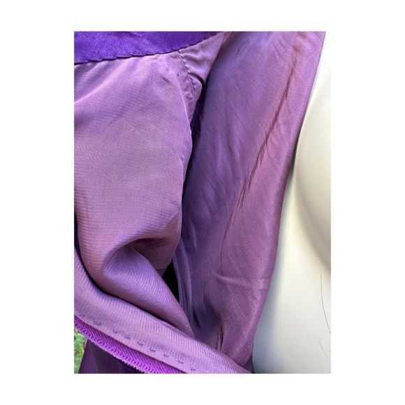 60s Scooter Dress Royal Purple Satin & Multicolor Floral Velvet Drop Waist Sm - Picture 13 of 16